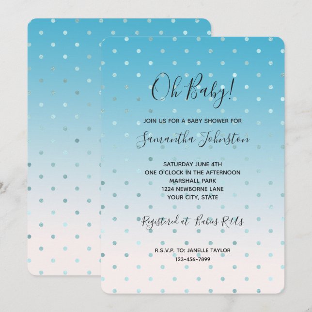 Invitation Baby shower Aqua Glam Dots Ombre (Devant / Derrière)