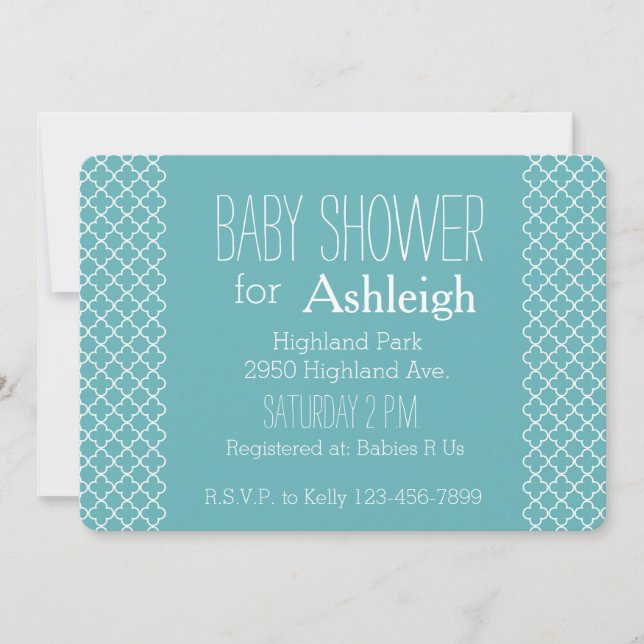 Invitation Baby shower Aqua White Quatrefoil (Devant)