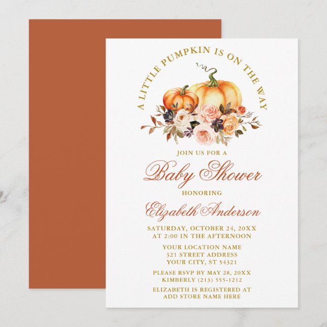 Invitation Baby shower Aquarelle Automne Floral Citrouille Or (Devant / Derrière)