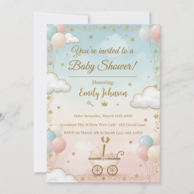 Invitation Baby shower aquarelle avec ballons (Devant)