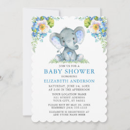 Invitation Baby shower Aquarelle Bleu Floral Eléphant