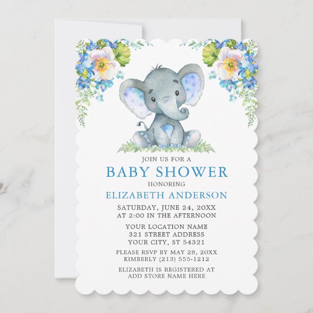 Invitation Baby shower Aquarelle Bleu Floral Eléphant (Devant)