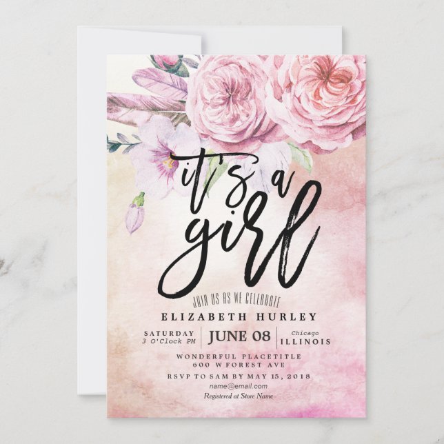 Invitation Baby shower Aquarelle Bohème Fleurs & Plumes (Devant)