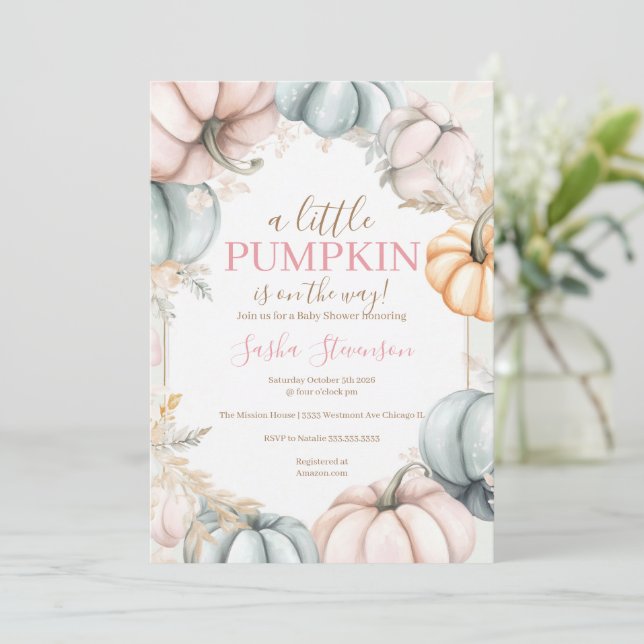 Invitation Baby shower aquarelle citrouille d'automne  (Debout devant)