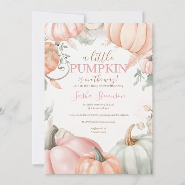 Invitation Baby shower aquarelle citrouille d'automne  (Devant)