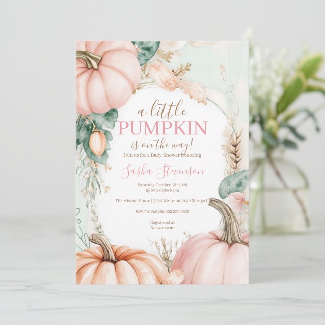 Invitation Baby shower aquarelle citrouille d'automne  (Debout devant)
