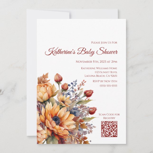 Invitation Baby shower-Aquarelle Fleurs de chute (Devant)