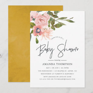 Invitation Baby shower aquarelle florale rose et or