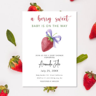 Invitation Baby Shower Aquarelle Fraise avec un nœud