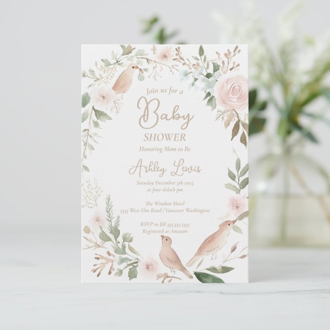 Invitation Baby shower aquarelle oiseau bébé feuilles florale (Debout devant)