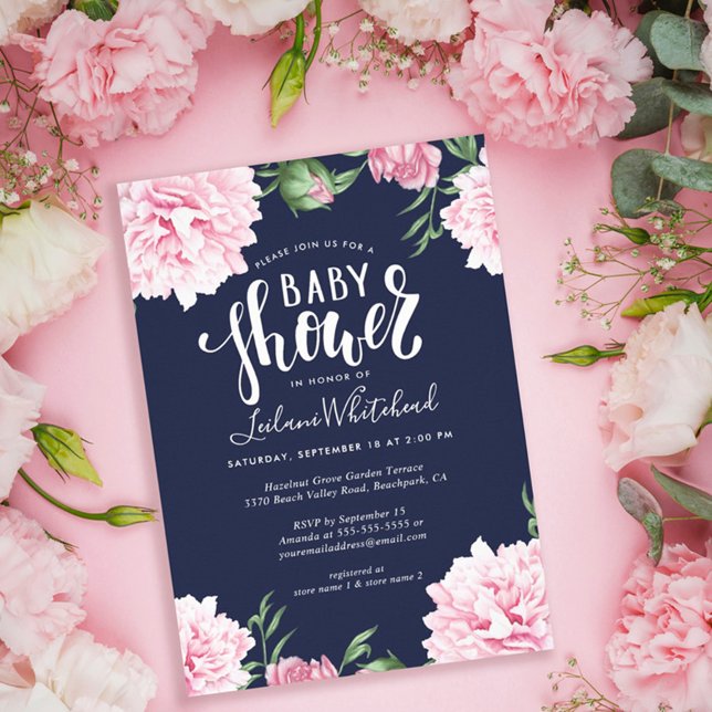 Invitation Baby shower Aquarelle rose Peony Floral Navy (Créateur téléchargé)