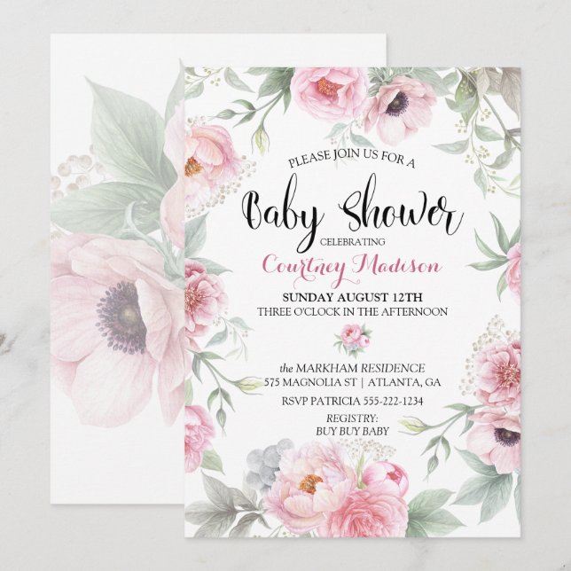 Invitation Baby shower Aquarelle Roses roses rose Fleurs (Devant / Derrière)