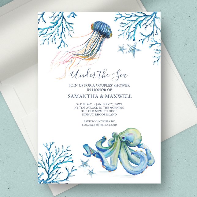 Invitation Baby shower Aquarelle Sous La Mer (Under the sea baby shower theme unique watercolor art by Victoria Grigaliunas of Do Tell A Belle)
