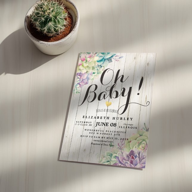 Invitation Baby shower Aquarelle Succulent Plantes Bois blanc (Créateur téléchargé)