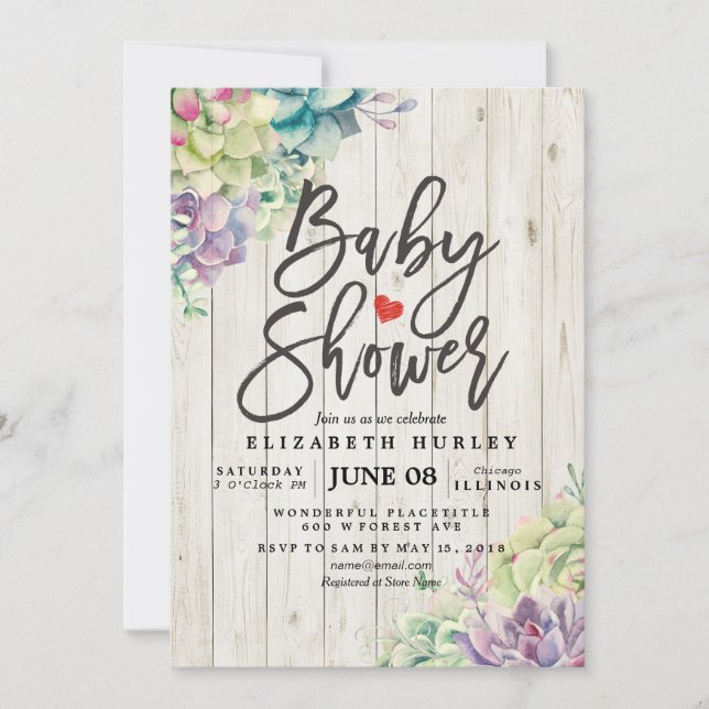 Invitation Baby shower Aquarelle Succulent Plantes Bois blanc (Devant)