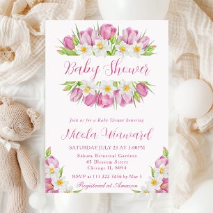 Invitation Baby Shower Aquarelle Tulipes et Jonquilles