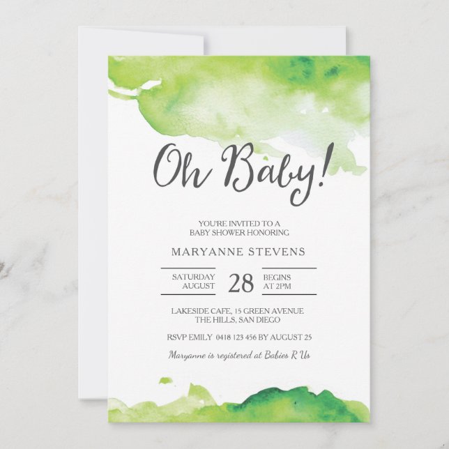 Invitation baby shower | Aquarelle verte (Devant)