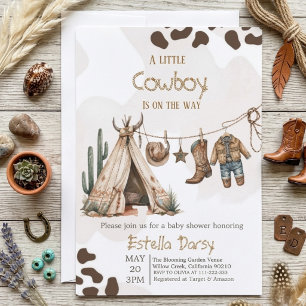 Invitation Baby shower aquarelle western rustique cowboy