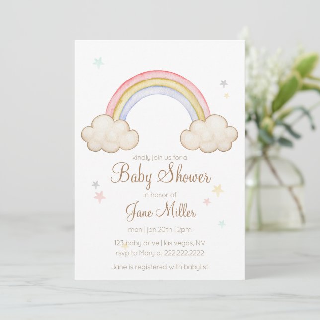 Invitation Baby shower arc-en-ciel aquarelle (Debout devant)