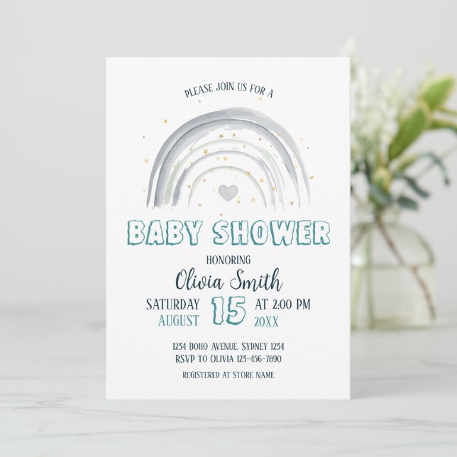 Invitation Baby shower arc-en-ciel bébé garçon (Debout devant)