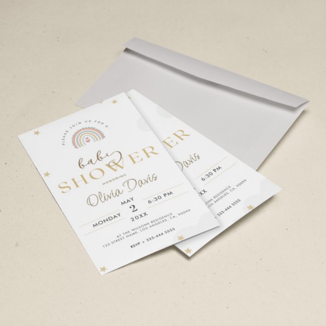 Invitation Baby shower arc-en-ciel blanc Gold Cute (Créateur téléchargé)