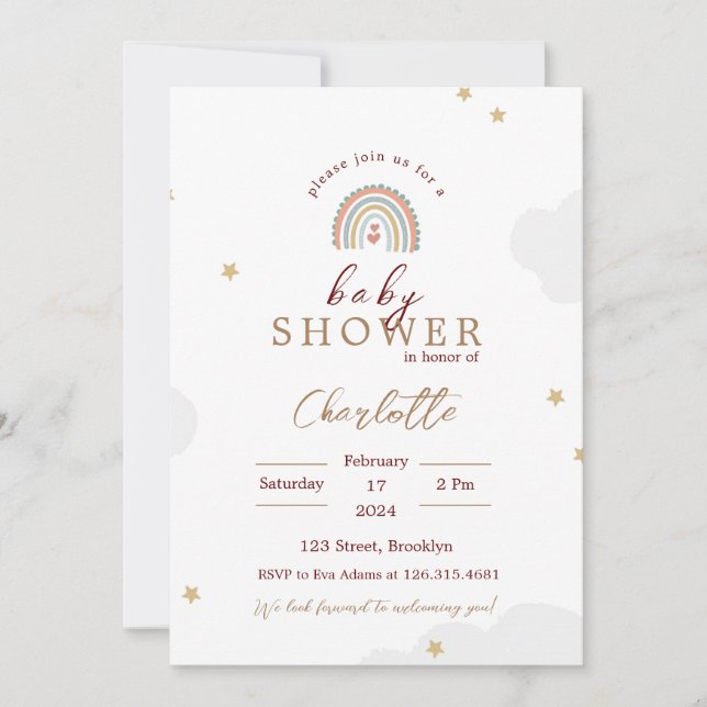 Invitation Baby shower arc-en-ciel blanc mignon (Devant)