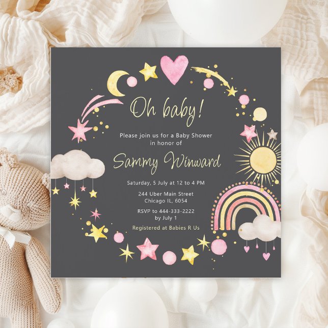 Invitation Baby Shower Arc-en-Ciel Bohème Rose (Créateur téléchargé)