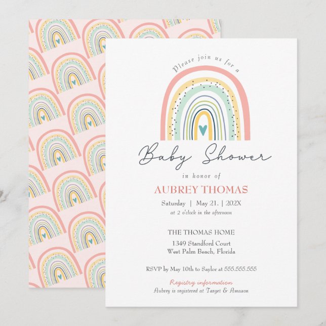 Invitation Baby shower arc-en-ciel Boho Main Drat Heart (Devant / Derrière)