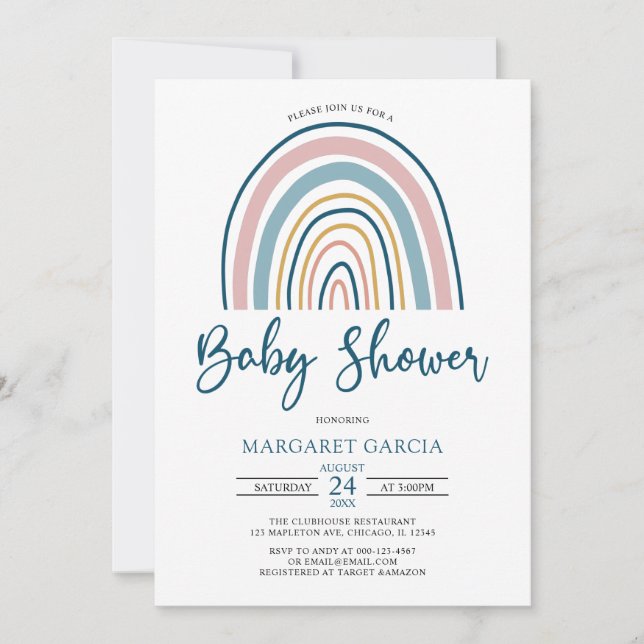 Invitation Baby shower arc-en-ciel de Boho bleu marine (Devant)
