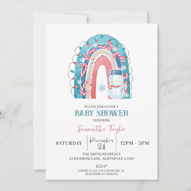 Invitation Baby shower arc-en-ciel de Noël, Snowman (Devant)