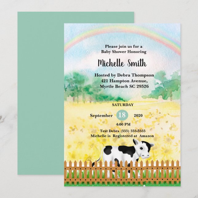 Invitation Baby shower arc-en-ciel de vache neutre (Devant / Derrière)