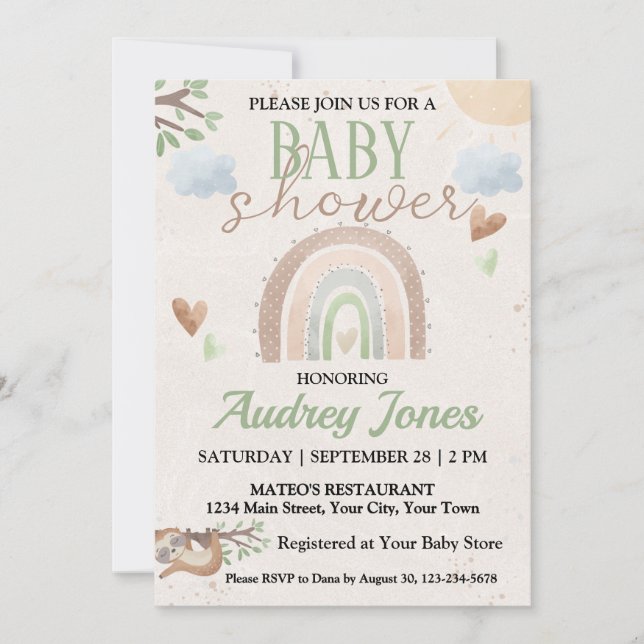 Invitation Baby shower arc-en-ciel jote Sloth et Boho (Devant)