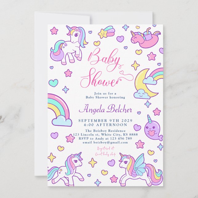 Invitation Baby shower arc-en-ciel magique Unicorn (Devant)