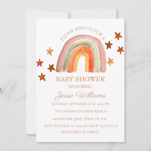 Invitation Baby shower arc-en-ciel Orange Terracotta Boho (Devant)