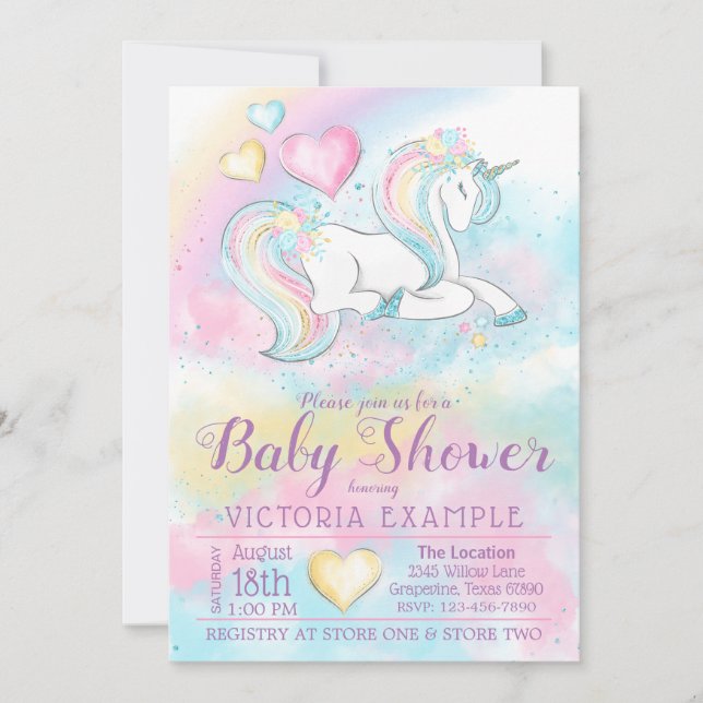 Invitation Baby shower arc-en-ciel Pastel Unicorn (Devant)