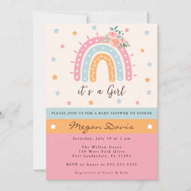 Invitation Baby shower arc-en-ciel rose floral C'est une fill (Devant)