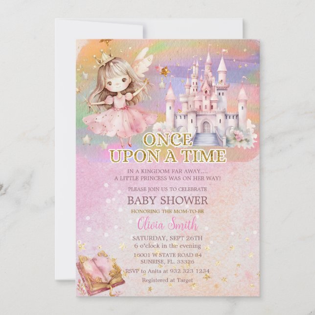 Invitation Baby shower arc-en-ciel rose pâle Princess Girl (Devant)