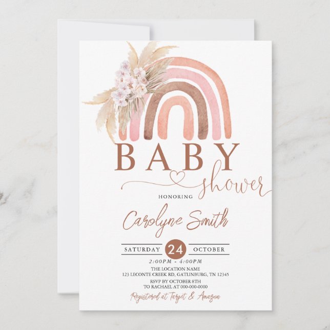 Invitation Baby shower arc-en-ciel rose Pampas Grass Boho (Devant)