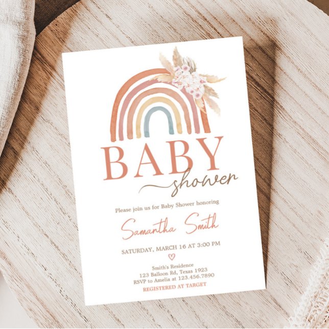 Invitation Baby shower arc-en-ciel rose Pampas Grass Boho (Girl Boho Rainbow Baby Shower Invitation)