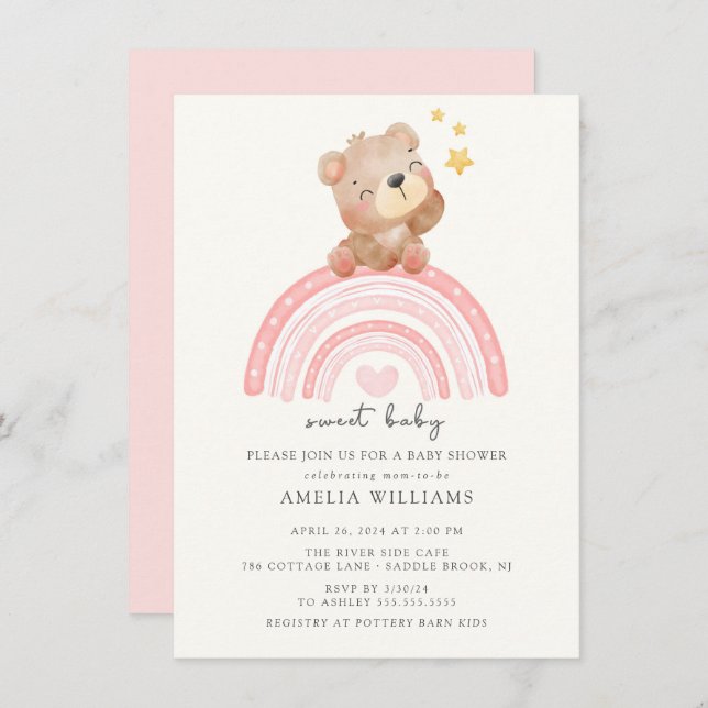 Invitation Baby shower arc-en-ciel Teddy Bear (Devant / Derrière)