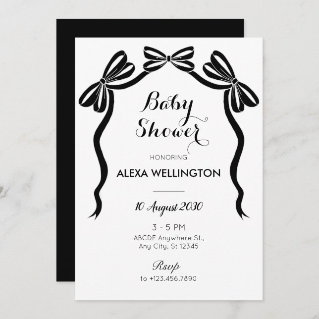 Invitation Baby shower arc-en- noir et blanc à cravate douce (Devant / Derrière)
