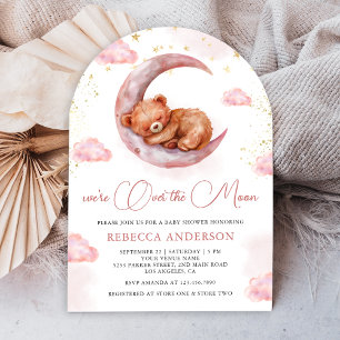 Invitation Baby Shower Arc Nounours Rose Clair "Over the Moon
