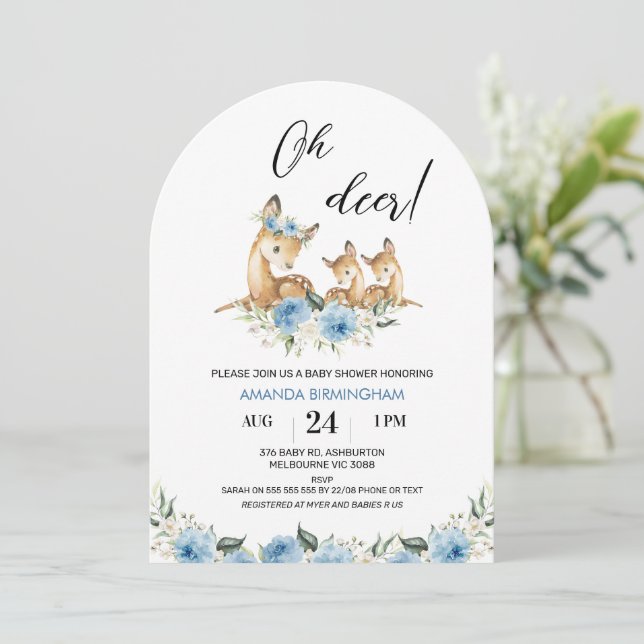 Invitation Baby shower Arché Floral Oh Deer Twins (Debout devant)