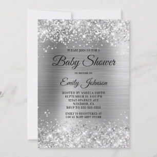 Invitation Baby Shower Argent Pailleté Papier Aluminium Écrit