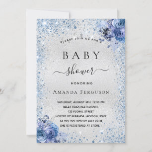 Invitation Baby shower argent parties scintillant florales bl