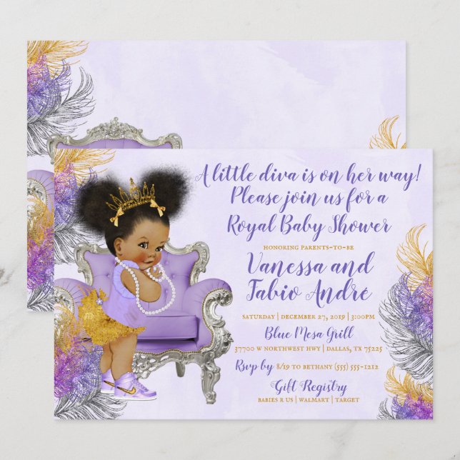 Invitation Baby shower argenté d'aquarelle d'or de lavande (Devant / Derrière)