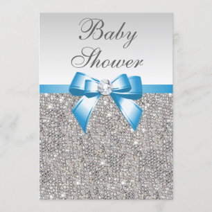 Invitation Baby shower argenté de bleu de paillettes de Faux