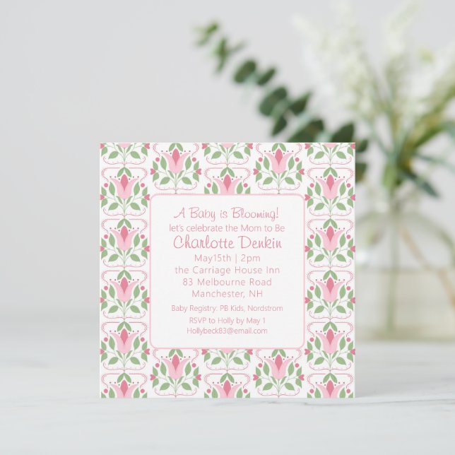 Invitation Baby shower Art déco rose (Debout devant)