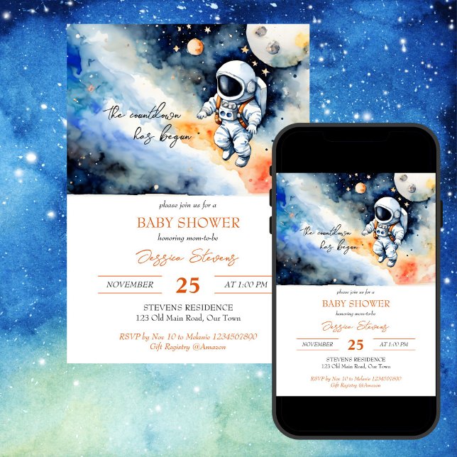Invitation Baby shower astronaute spatial modèle (Outer space astronaut baby shower editable template invitation digital download watercolor galaxy)