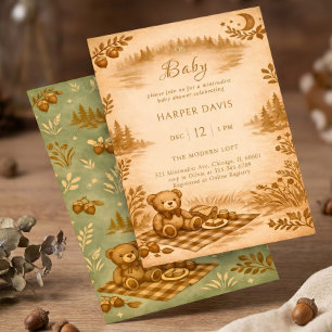 Invitation Baby Shower au pique-nique ourson vintage en bois